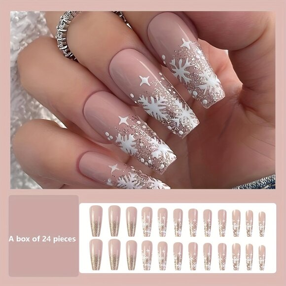 24pcs Christmas Press-On Nails Set - Long Ballerina, Glittery Pink & White - Picture 2 of 8
